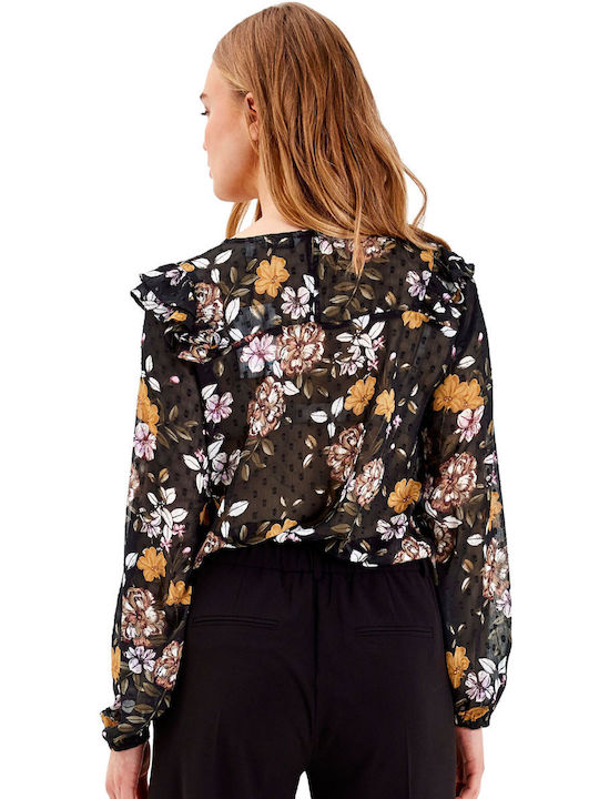 BYOUNG 'GINNI' FLORAL SHIRT FOR WOMEN WITH RUFFLES 20808565-80001 (80001/BLACK)