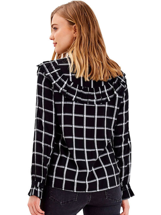 BYOUNG 'FLORI' PLAID SHIRT WOMEN'S SHIRT WITH RUFFLES 20808548-80001 (80001/BLACK)