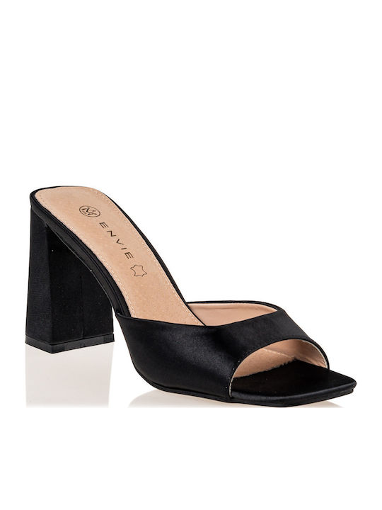 Satin Mules with Chunky High Heel in Black Color