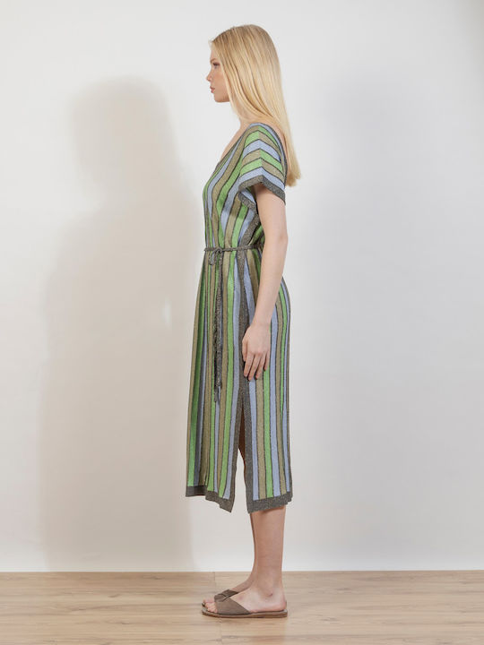 Καλοκαιρινό Midi Φόρεμα Πλεκτό Dark Grey/Ciel/Jade Lime/Khaki