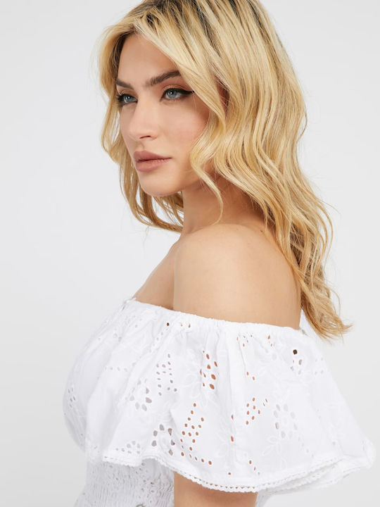 W3GH89WFG40 Women's Summer Blouse Cotton Off-Shoulder Short Sleeve White