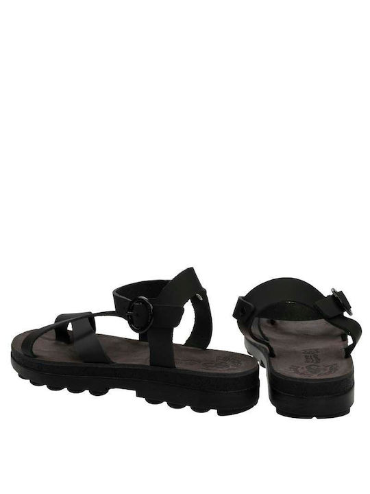 Leather Women's Flat Sandals with Strap in Black Color