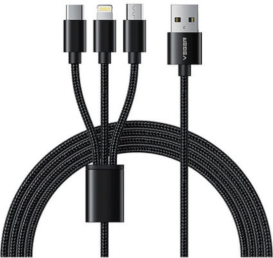 Veger V303 Braided USB to Lightning / Type-C / micro USB 1.5m 2.4A Cable