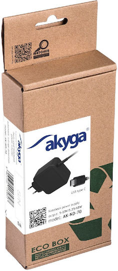 Akyga USB-C Universal Φορτιστής Laptop 65W 20V 3.25A με Αντάπτορα Τροφοδοσίας