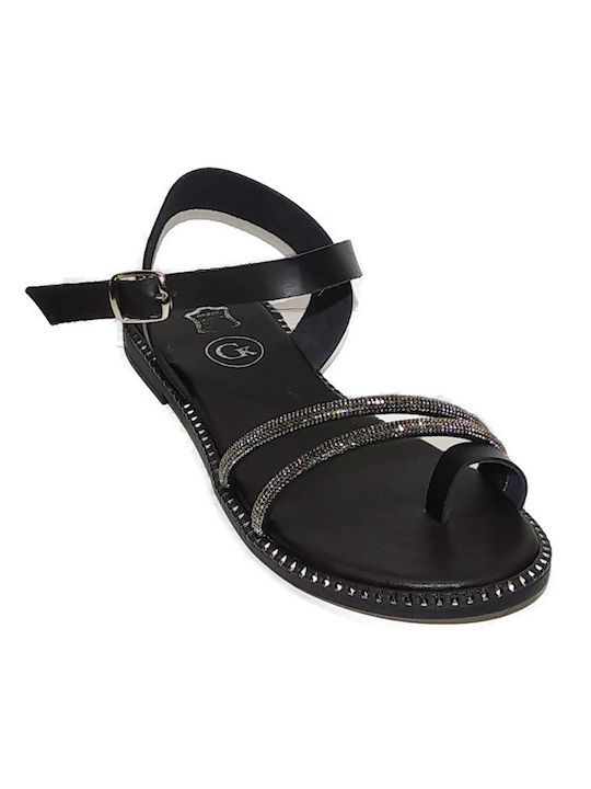 GKapetanis Handmade Leather Women's Sandals with Ankle Strap with Strass Black