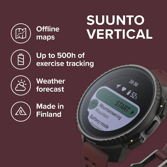 Suunto Vertical Stainless Steel 49mm Smartwatch with Heart Rate Monitor (Black Ruby)