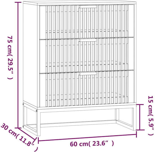 Wooden & Metallic Chest of Drawers with 3 Drawers 60x30x75cm