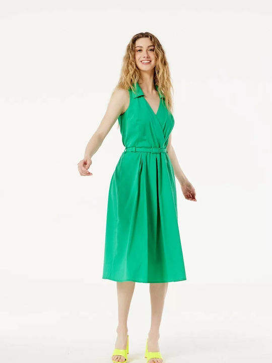 Summer Midi Dress Sleeveless Wrap Green