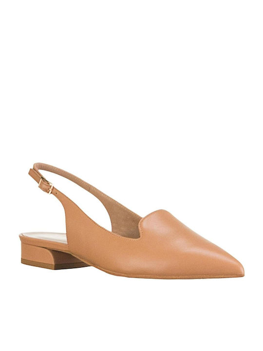 Mourtzi Leather Pointed Toe Beige Heels with Strap