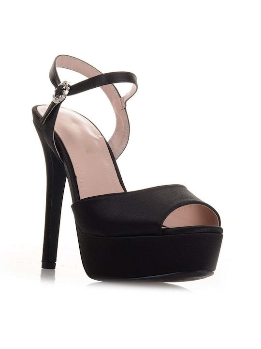 Famous Shoes Platform Women's Sandals with Strass & Ankle Strap Black with Chunky High Heel