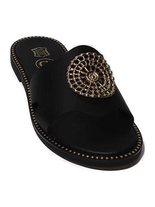 Leather Women's Flat Sandals in Black Color