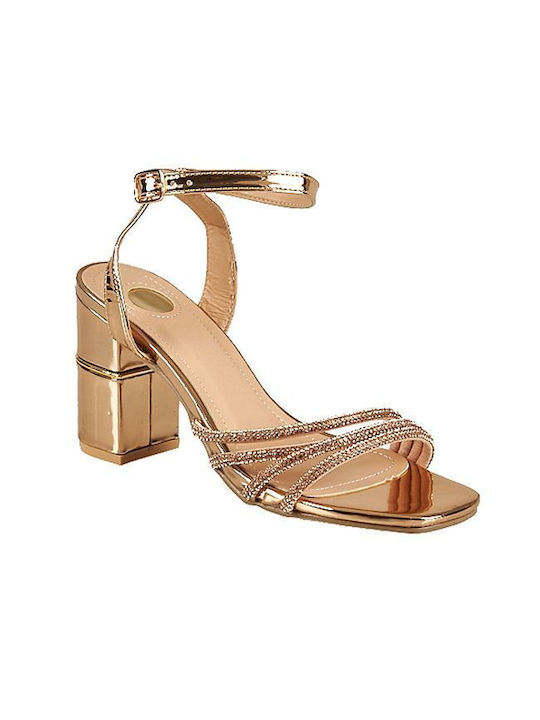 Elenross Women's Sandals with Strass & Ankle Strap Gold with Chunky High Heel