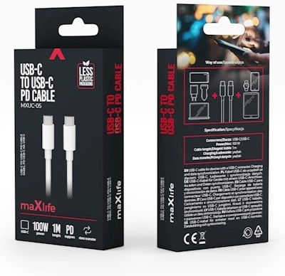 Maxlife USB 2.0 Cable USB-C Male - USB-C 100W PD White 1m