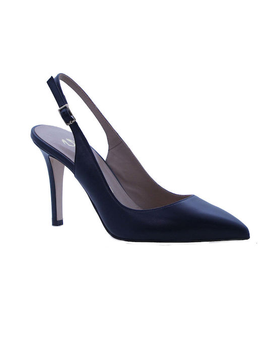 Mourtzi Leather Pointed Toe Stiletto Blue High Heels with Strap