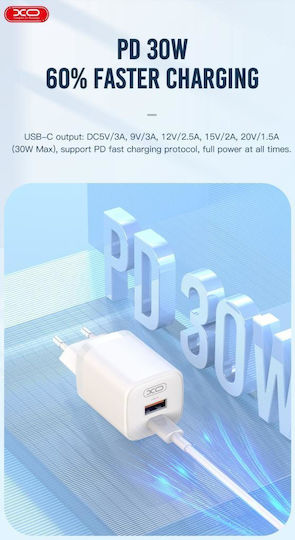 XO Mobile Phone Charger with USB-A Output Port and USB-C Output Port and USB-C - Lightning Cable 30W Power Delivery White L96L