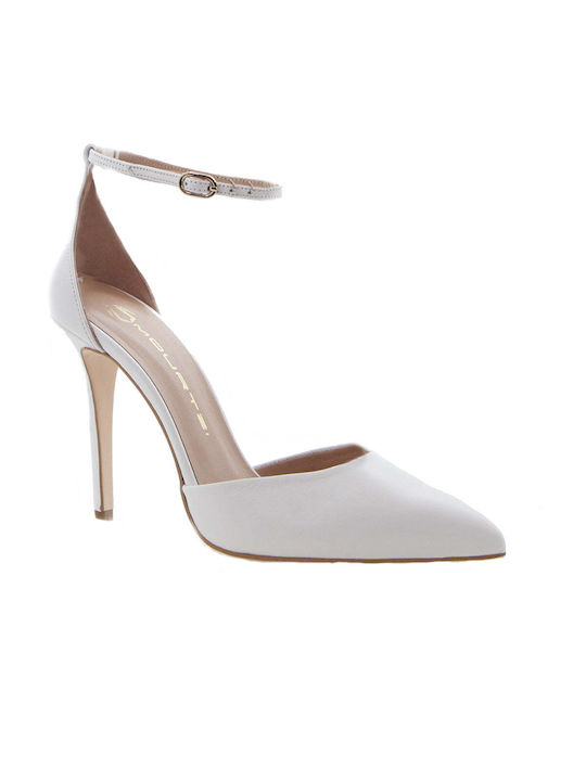 Mourtzi Suede Pointed Toe Stiletto White High Heels with Strap