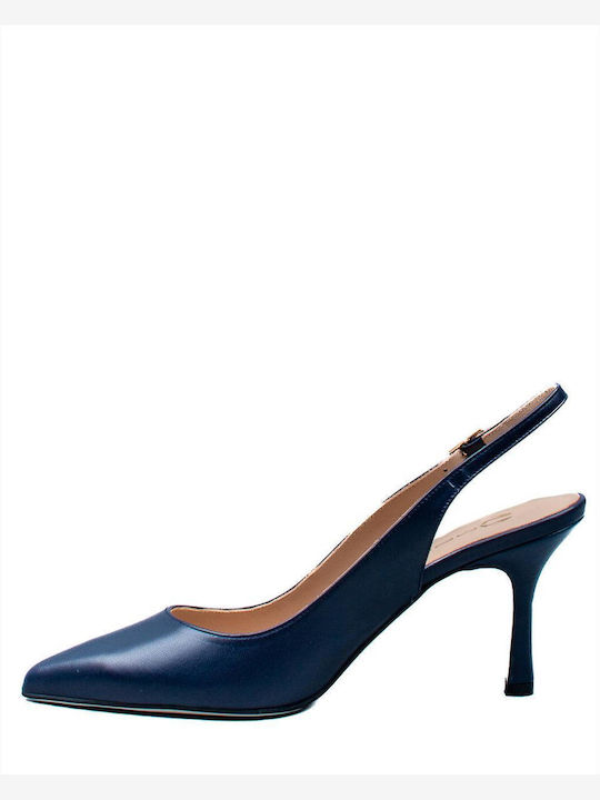 Mourtzi Leather Pointed Toe Blue Medium Heels with Strap