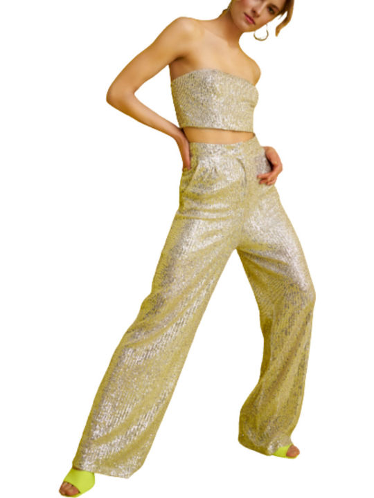 Damen Hoch tailliert Stoff Hose Silber mit Pailletten