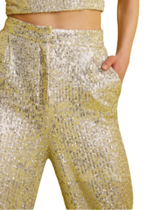 Damen Hoch tailliert Stoff Hose Silber mit Pailletten