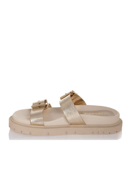 Leather Women's Flat Sandals in Gold Color