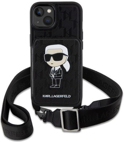 Karl Lagerfeld Saffiano Monogram Ikonik Back Cover with Strap Black (iPhone 14) KLHCP14SCSAKHPKK