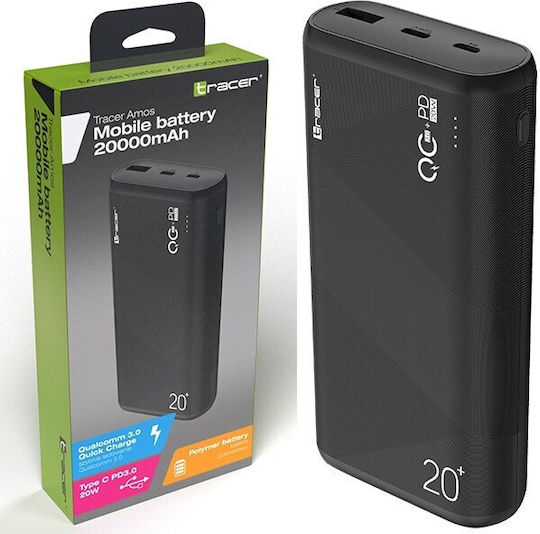 Tracer Amos Power Bank 20000mAh 20W with USB-A Port and 2 USB-C Ports Power Delivery / Quick Charge 3.0 Black