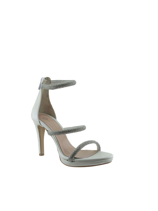 Stefania Suede Women's Sandals with Strass White with Thin High Heel