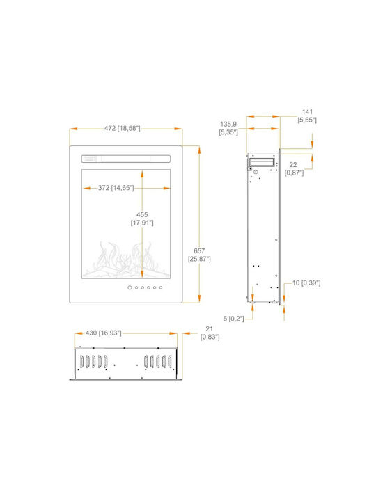 Hitense 32 Wall Mounted Electric Fireplace 1600W 47.2x65.7cm Black