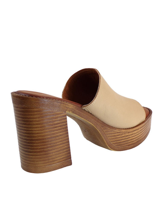 Leder Mules mit Chunky Hoch Absatz in Beige Farbe