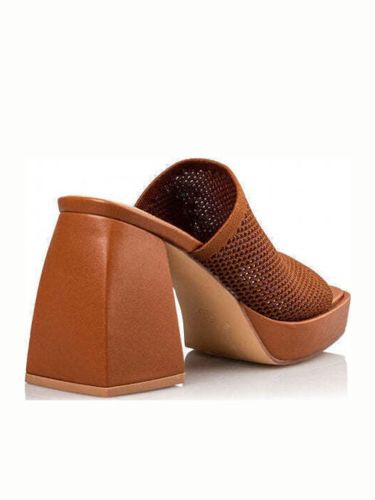 Leather Mules with Chunky High Heel in Tabac Brown Color