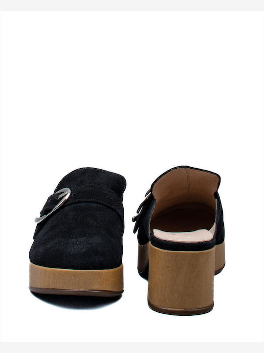 -P Suede Mules with Chunky Low Heel in Black Color