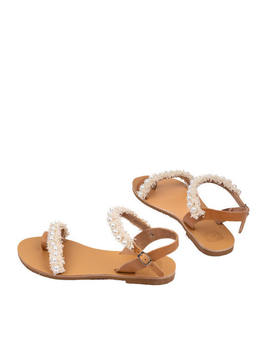 Leather Women's Flat Sandals with Strap in White Color