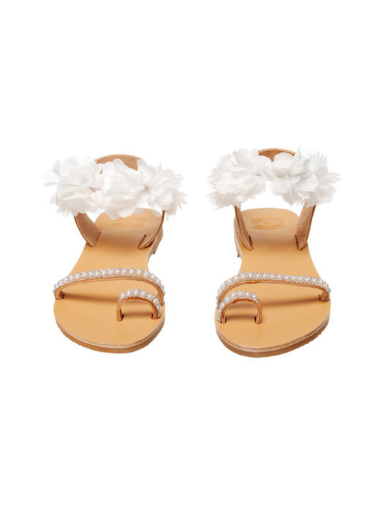 Philio Leather Women's Flat Sandals with Strap in White Color