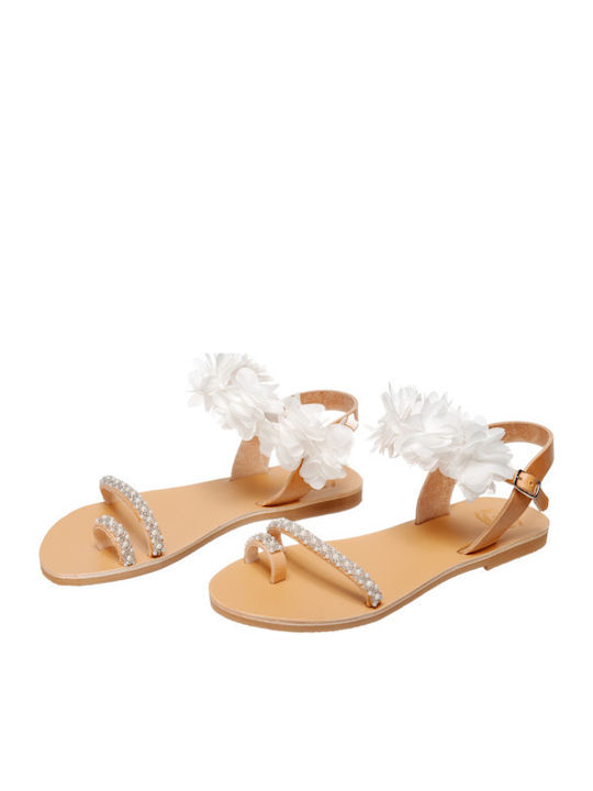 Leather Women's Flat Sandals with Strap in White Color
