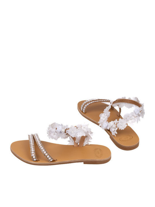 Leather Women's Flat Sandals in White Color