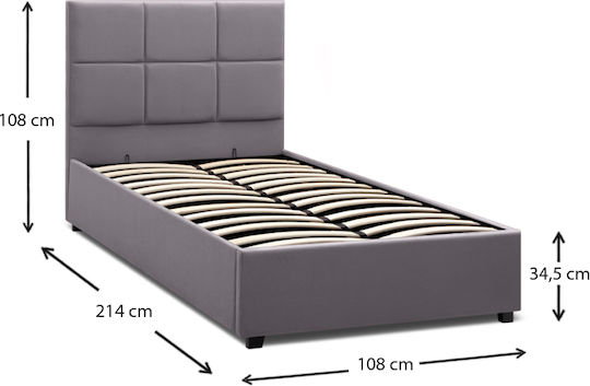 Kingston Bett Einzelbett Mit Stoff bezogen Gray Stauraum & Latten für Matratze 100x200cm