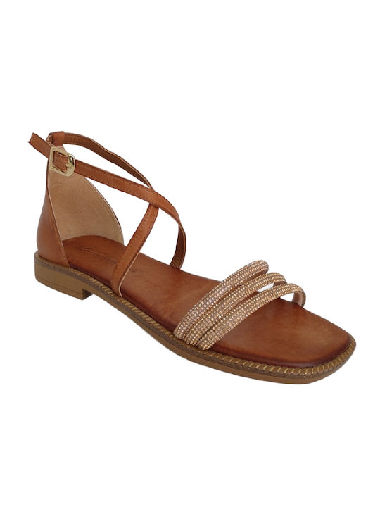 Commanchero Original Leather Women's Flat Sandals Anatomic with Strap in Brown Color