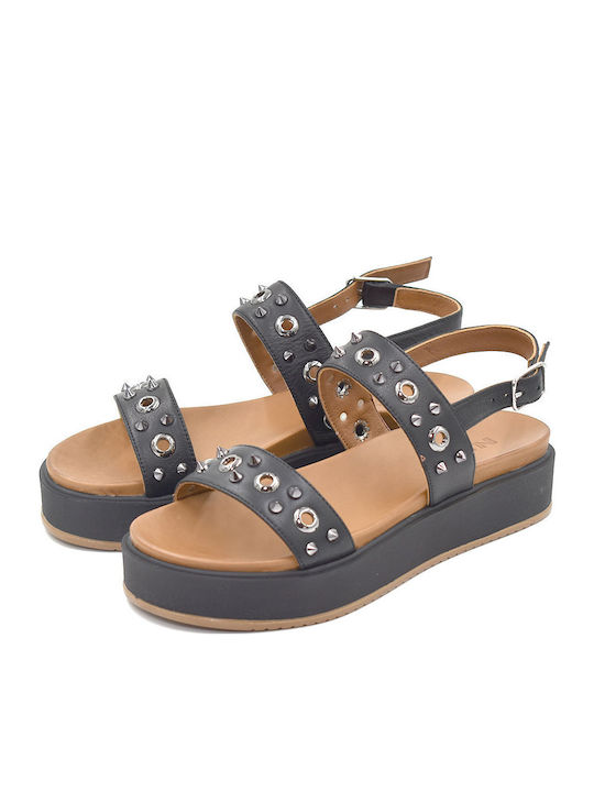 Leather Women's Flat Sandals Flatforms in Black Color