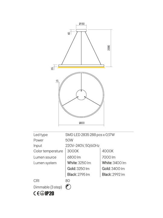 Redo Group Hängelampe LED mit Warmes Weiß Licht Gold