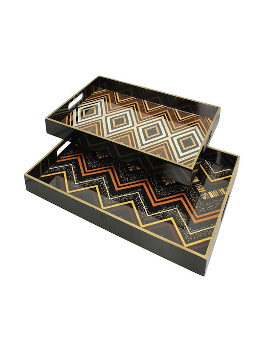 Zaros Wooden Rectangular Decorative Tray S/2 With Geometric Design Brown-Black 50x35x4cm 2pcs