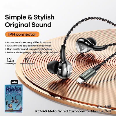 Remax RM-616i In-ear Handsfree με Βύσμα Lightning Μαύρο