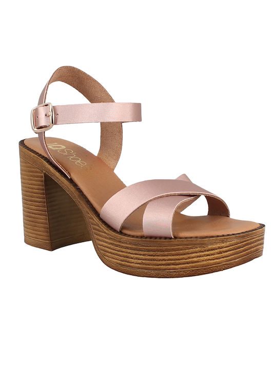 IQ Shoes Platform Leather Women's Sandals with Ankle Strap Pink with Chunky High Heel