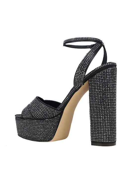 Platform Fabric Women's Sandals with Strass & Ankle Strap Black