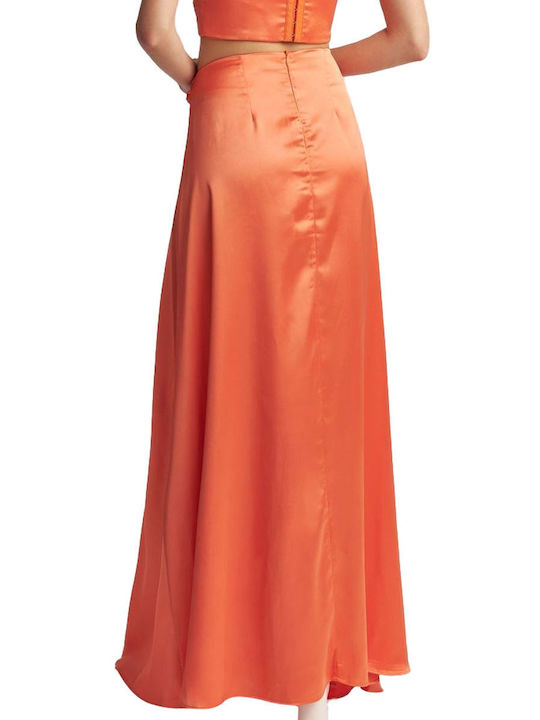 Attrattivo Satin High Waist Maxi Skirt in Orange color