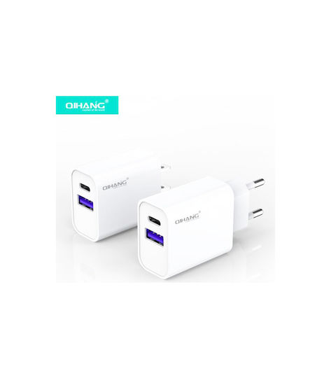 QIHANG Charger with USB-A Port and USB-C Port and Cable Lightning 18W Whites (QH-Z62)