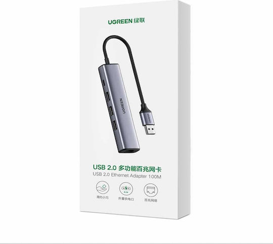 Ugreen CM475 USB-Hub mit 3 Anschlüssen USB 3.0 mit USB-C / Ethernet Grau