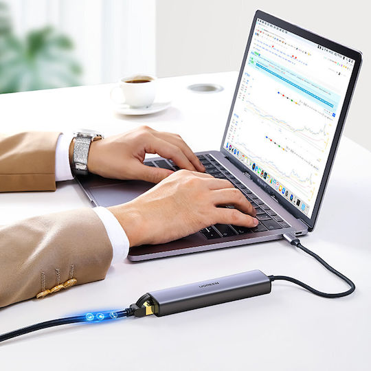 Ugreen CM475 USB-Hub mit 3 Anschlüssen USB 3.0 mit USB-C / Ethernet Grau