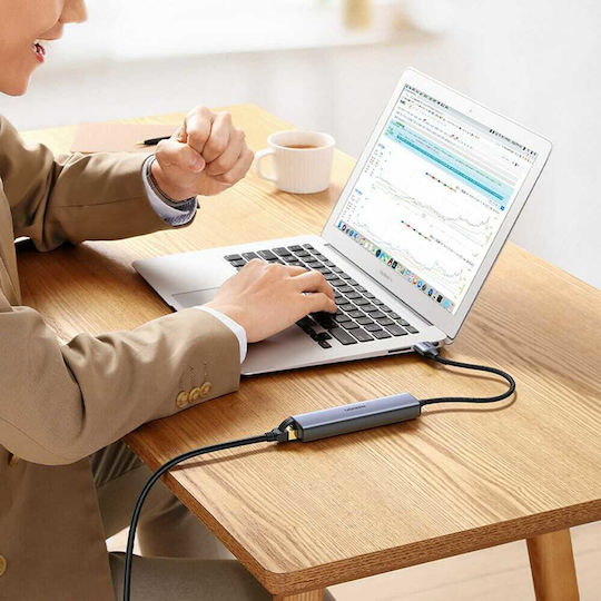 Ugreen CM475 USB-Hub mit 3 Anschlüssen USB 3.0 mit USB-C / Ethernet Grau