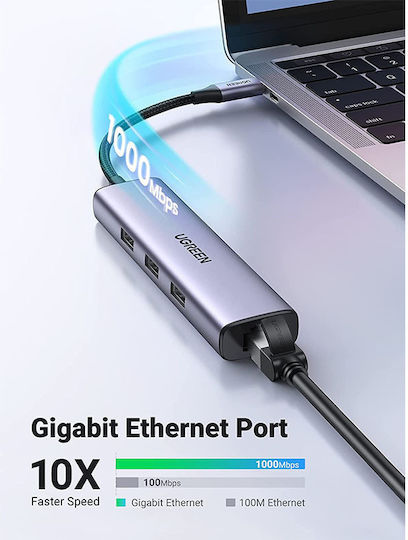Ugreen CM475 Hub 3 Ports USB 3.0 with USB-C / Ethernet Connection Silver