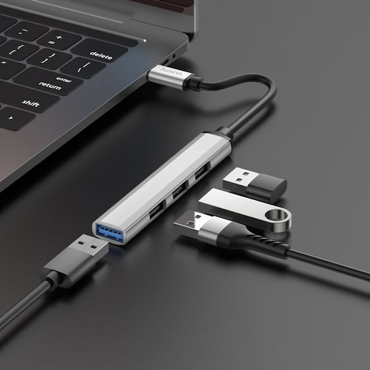 Hoco HB26 USB-Hub mit 3 Anschlüssen USB 3.0 und USB-C Anschluss Silber